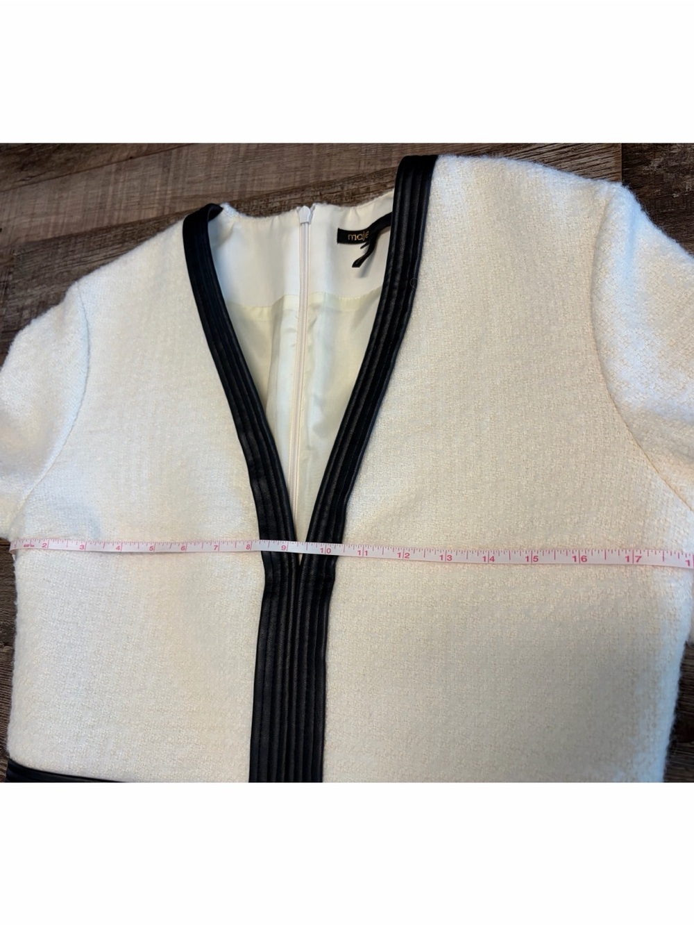 EUC MAJE Cream Tweed Mini Dress Black Trim 42 8 M Medium - Picture 7 of 10